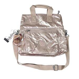 Kipling Eleva Quartz Pink Metallic Convertible Tote Bag Purse Monkey Keychain